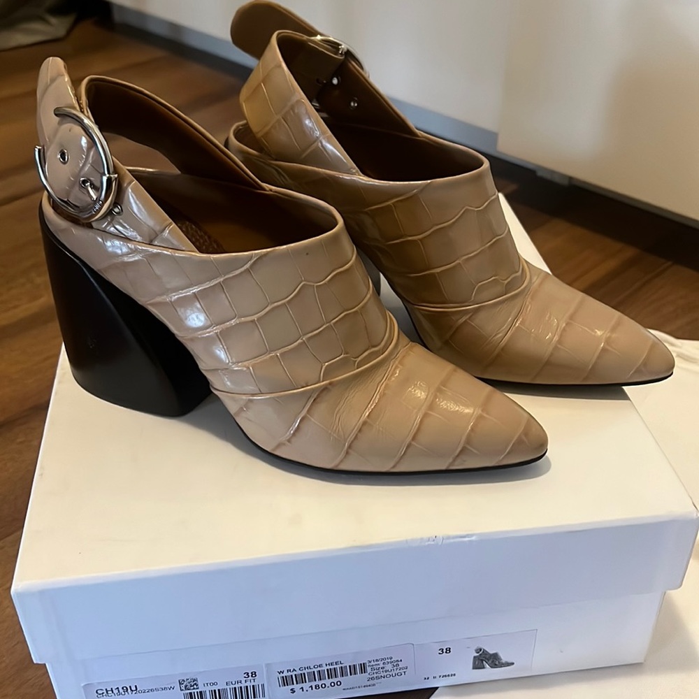 Chloé Beige Croc-Embossed Leather Heeled Sandals